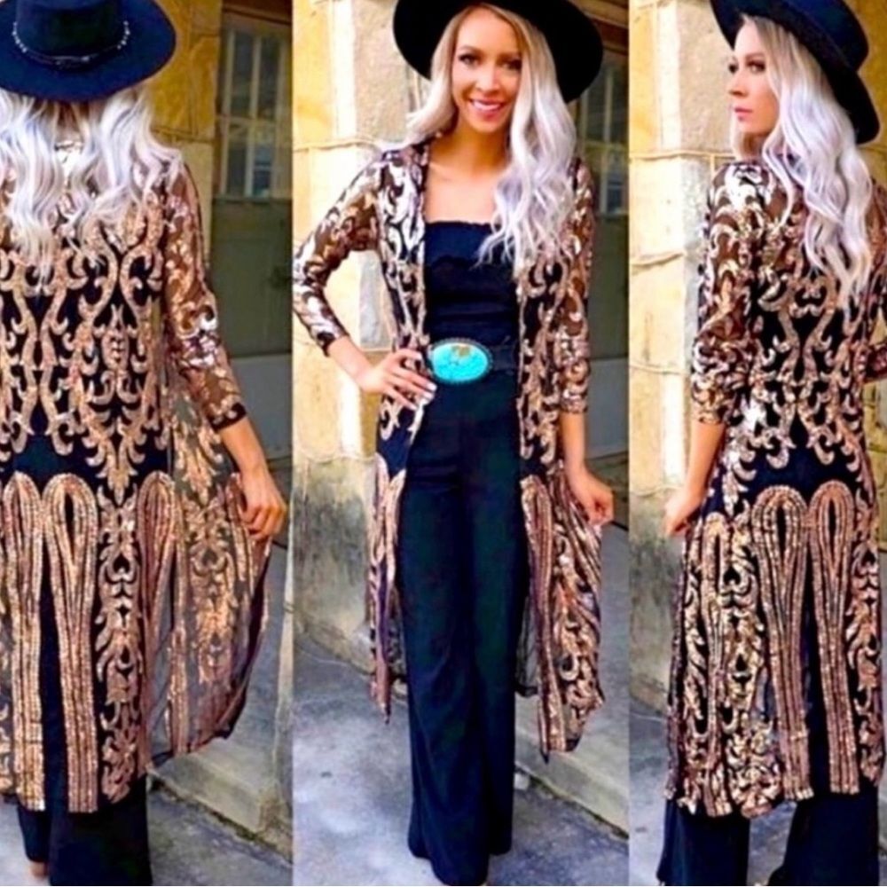 Southern Fried Chics Black & iridescent pink “bubblegum” Royal Sequin Duster